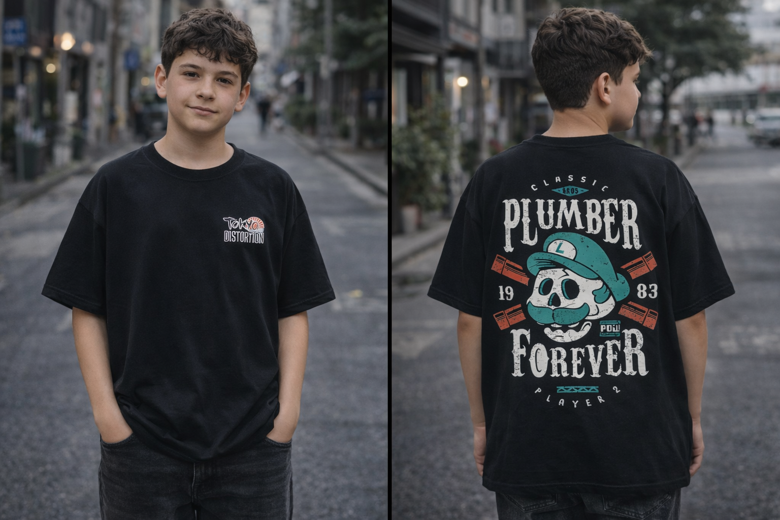 Remera Oversize Tokyo Distortion Black - Classic Plumber Forever Vintage Gamer