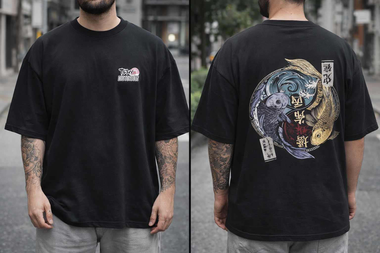 Remera Oversize Tokyo Distortion Black - Koi Fish Yin Yang Streetwear