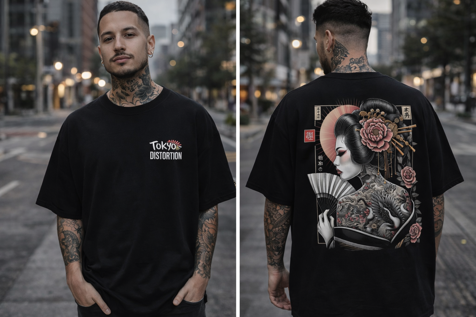 Remera Oversize Tokyo Distortion Black - Geisha Irezumi Art Streetwear