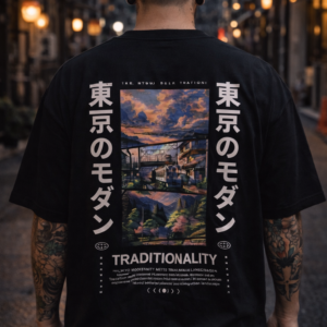 Remera Oversize Tokyo Distortion Black - Diseño Traditional Landscape Urbano