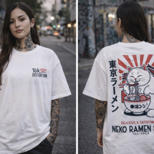 Remera Oversize Tokyo Distortion - Neko Ramen Blanca Streetwear