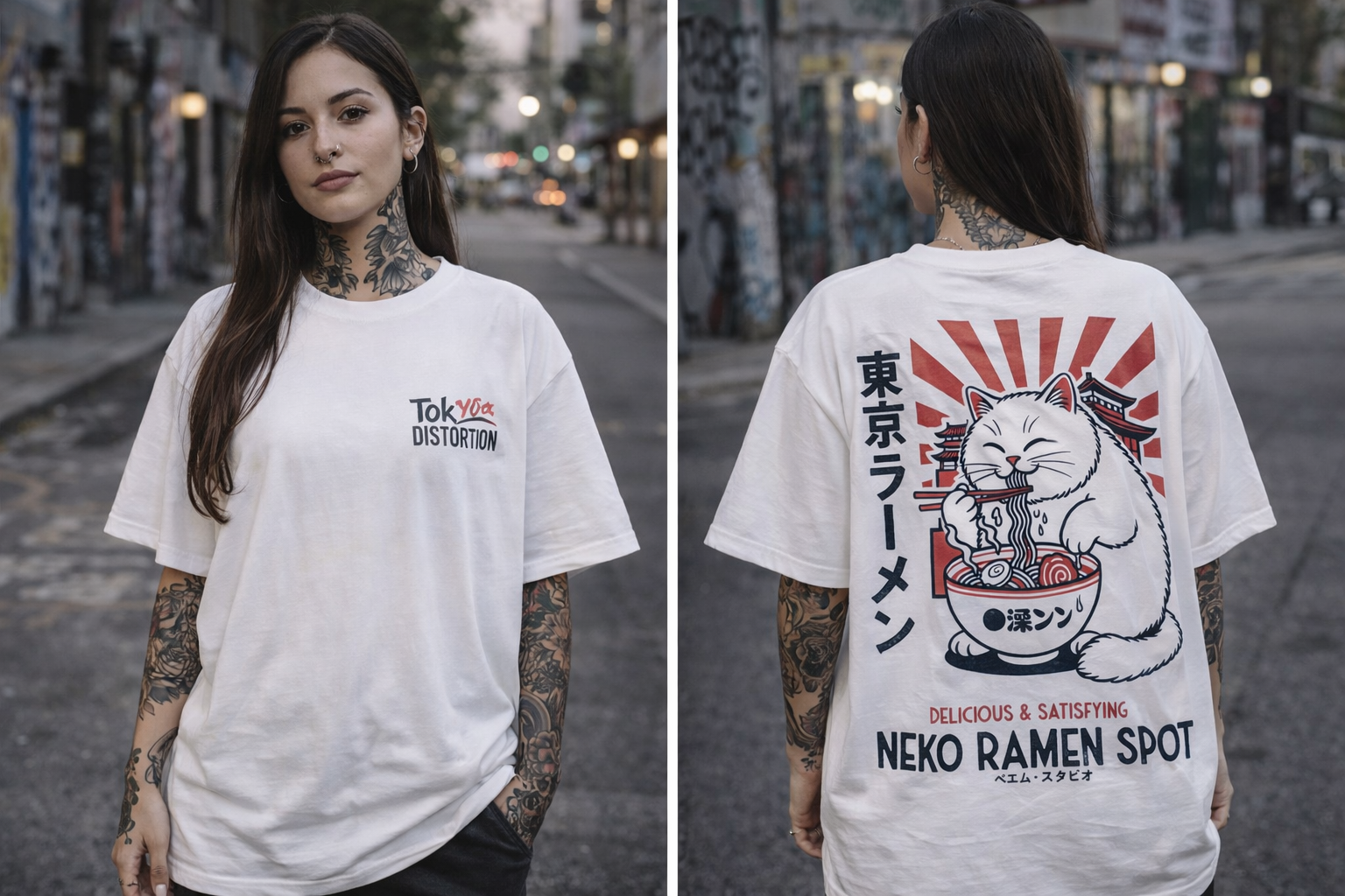 Remera Oversize Tokyo Distortion - Neko Ramen Blanca Streetwear