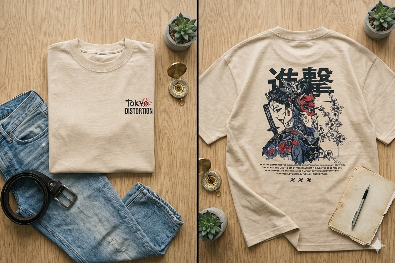 Remera Oversize Tokyo Distortion Arena - Cyber Geisha & Hannya Mask Streetwear - Image 2
